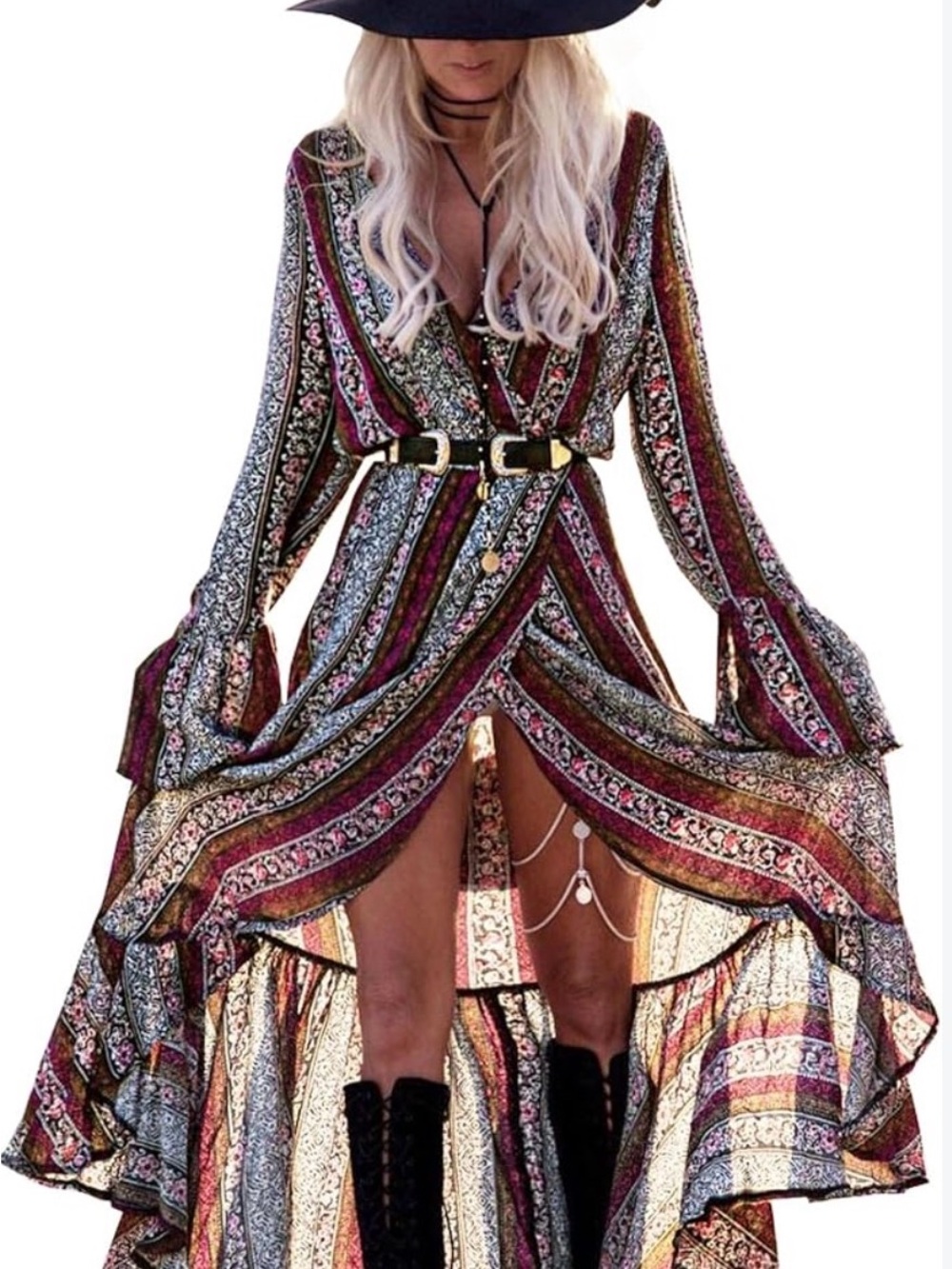 Bohemian Striped Maxi Wrap Dress in Multi-Color